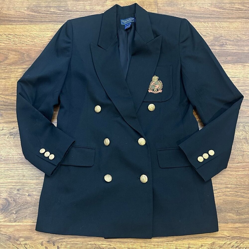 Vintage Charter Club beaded crest gold button double breasted wool blazer